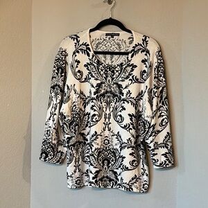 Pierri New York 3X Embellished Damask Sweater Top Black White